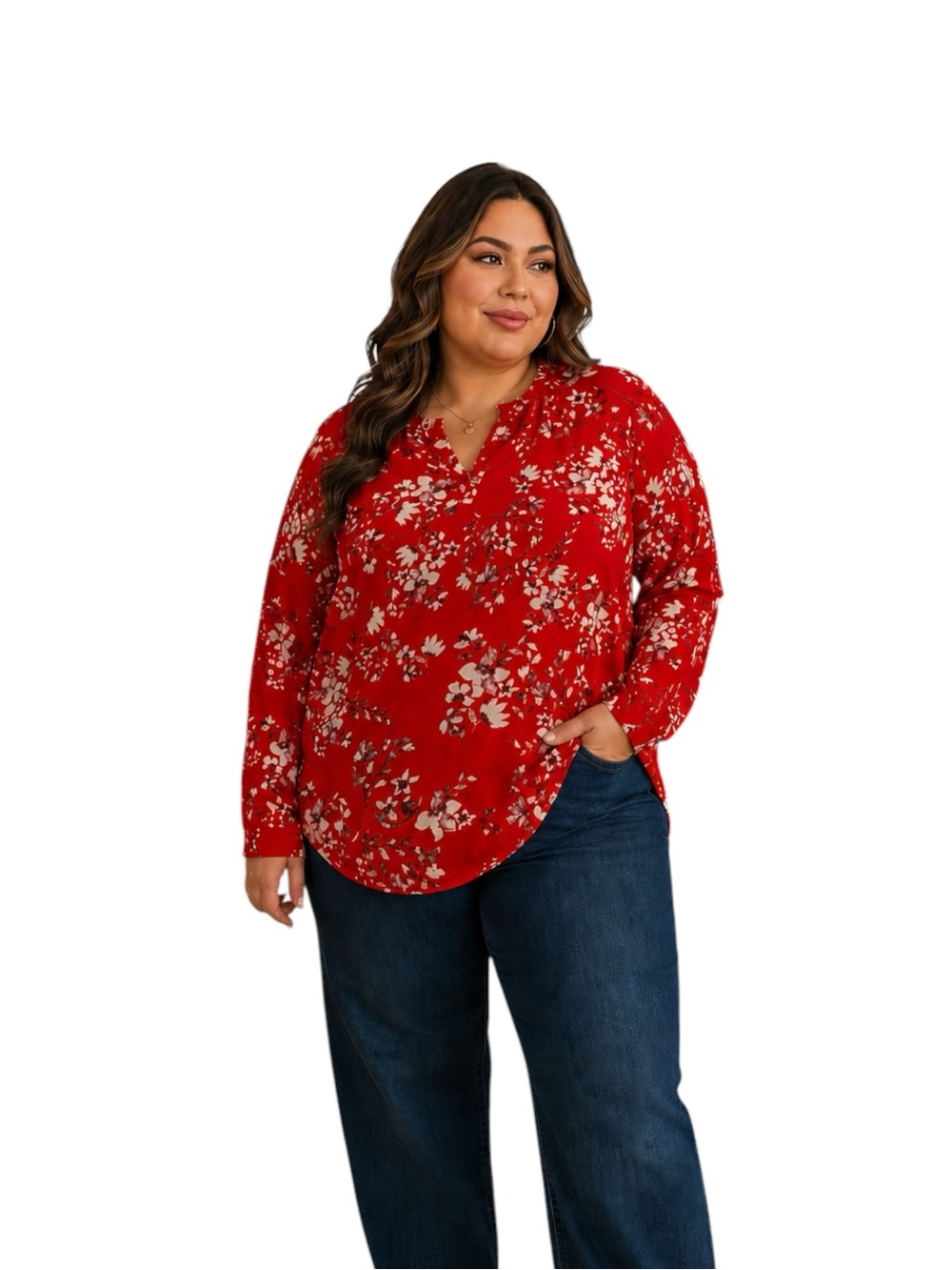 Ava & Viv 3X Red Floral Blouse Plus Size Split Neck Long Sleeve High Low Tunic